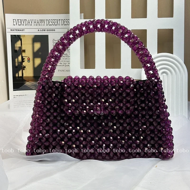 Designer Handmade Big Party Bag Transparent Crystal Stone Beaded Handle Purses Purplish Redluxury Handbags with Inner