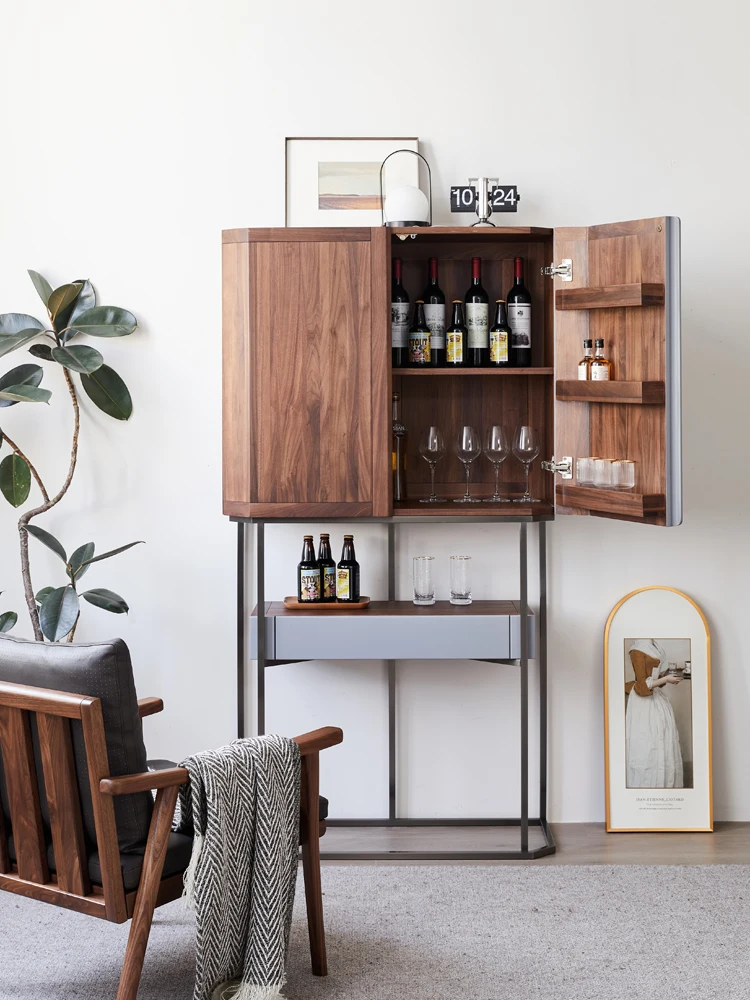 

LMM solid wood wine cabinet against the wall wrought iron black walnut solid wood light luxury cabinet