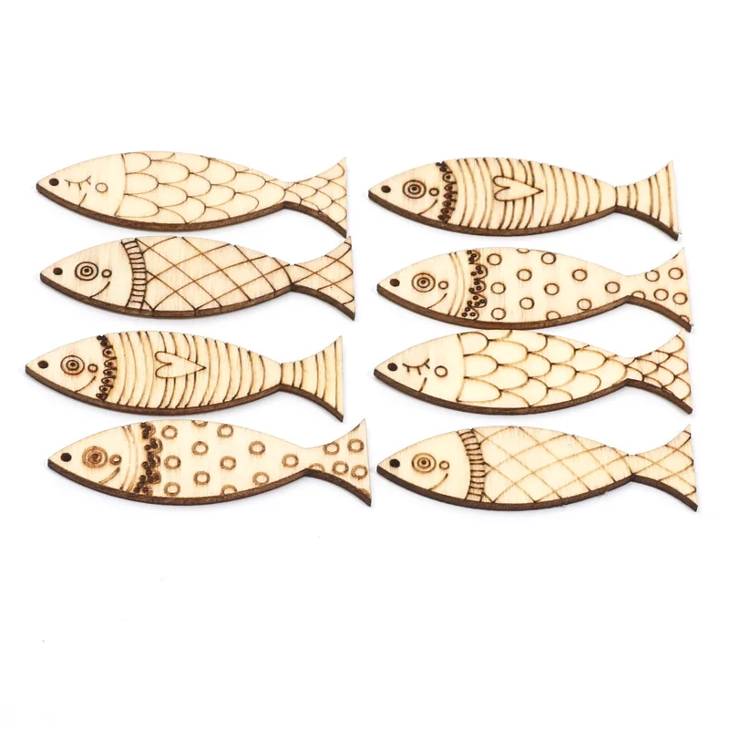 20pcs Mixed Fish Cartoon Wooden Slices Embellishments DIY Crafts For Scrapbooking Handmade Wood Ornament Home Decor Supplies