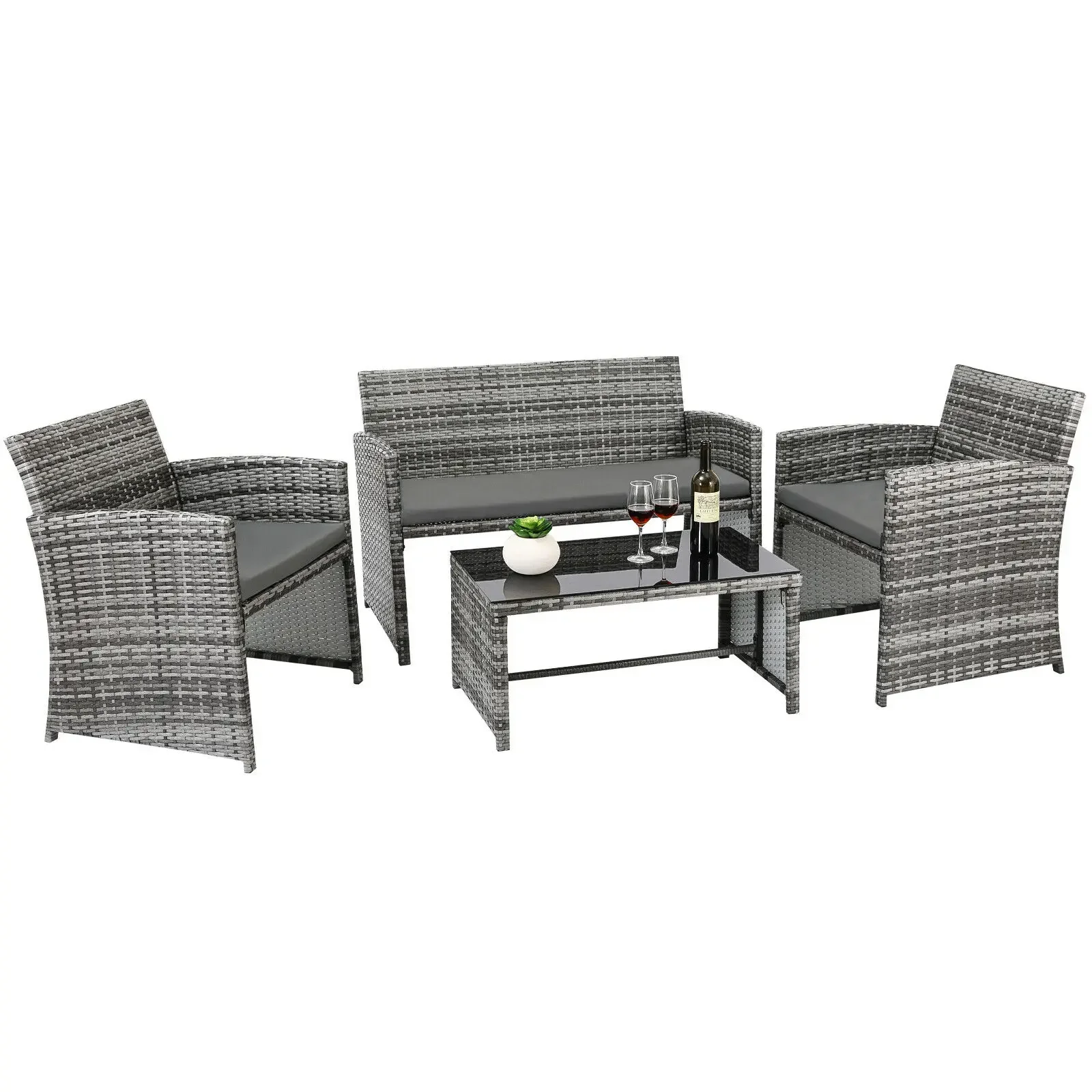4-teiliges Rattan-Gartenmöbel-Set, Garten-Sofa-Set, Tisch und Stühle für den Außenbereich, 3 Sofas,
