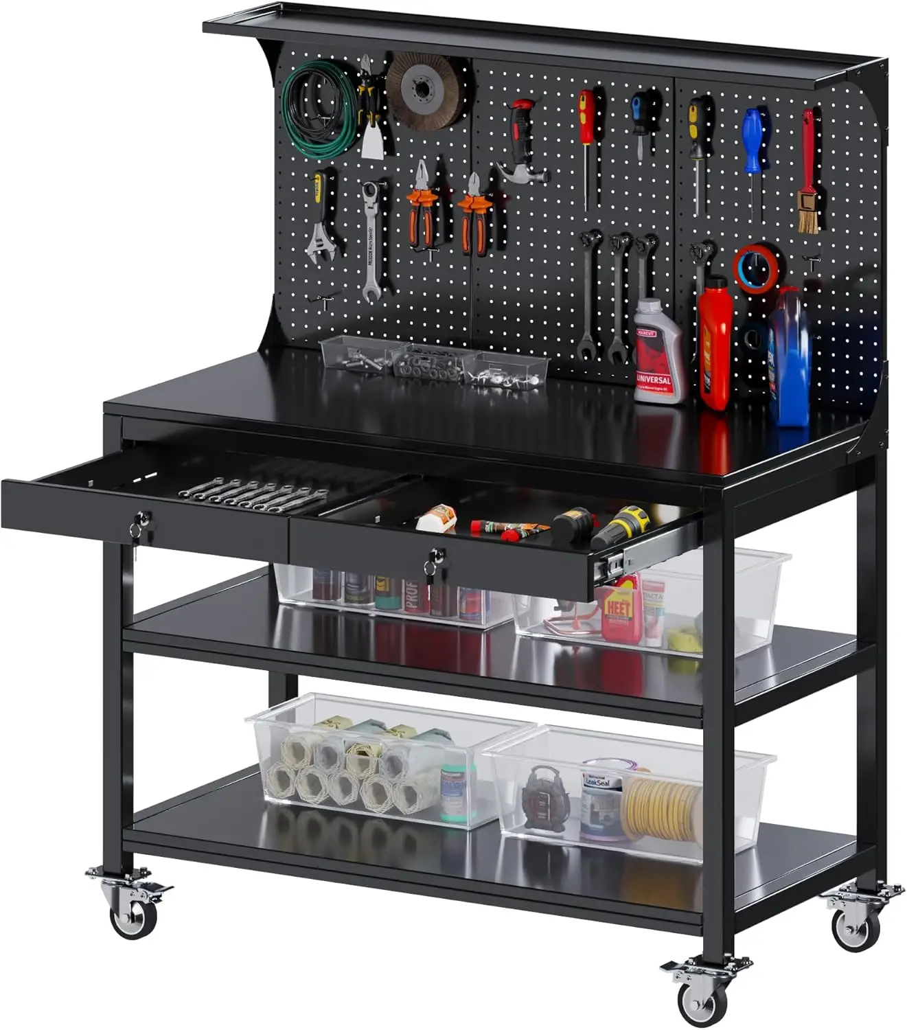 with Drawers,Heavy-Duty Steel Garage Workbench with Pegboard Shelves,Tool Bench with Wheels,Garage Workbench with Storage for Ga