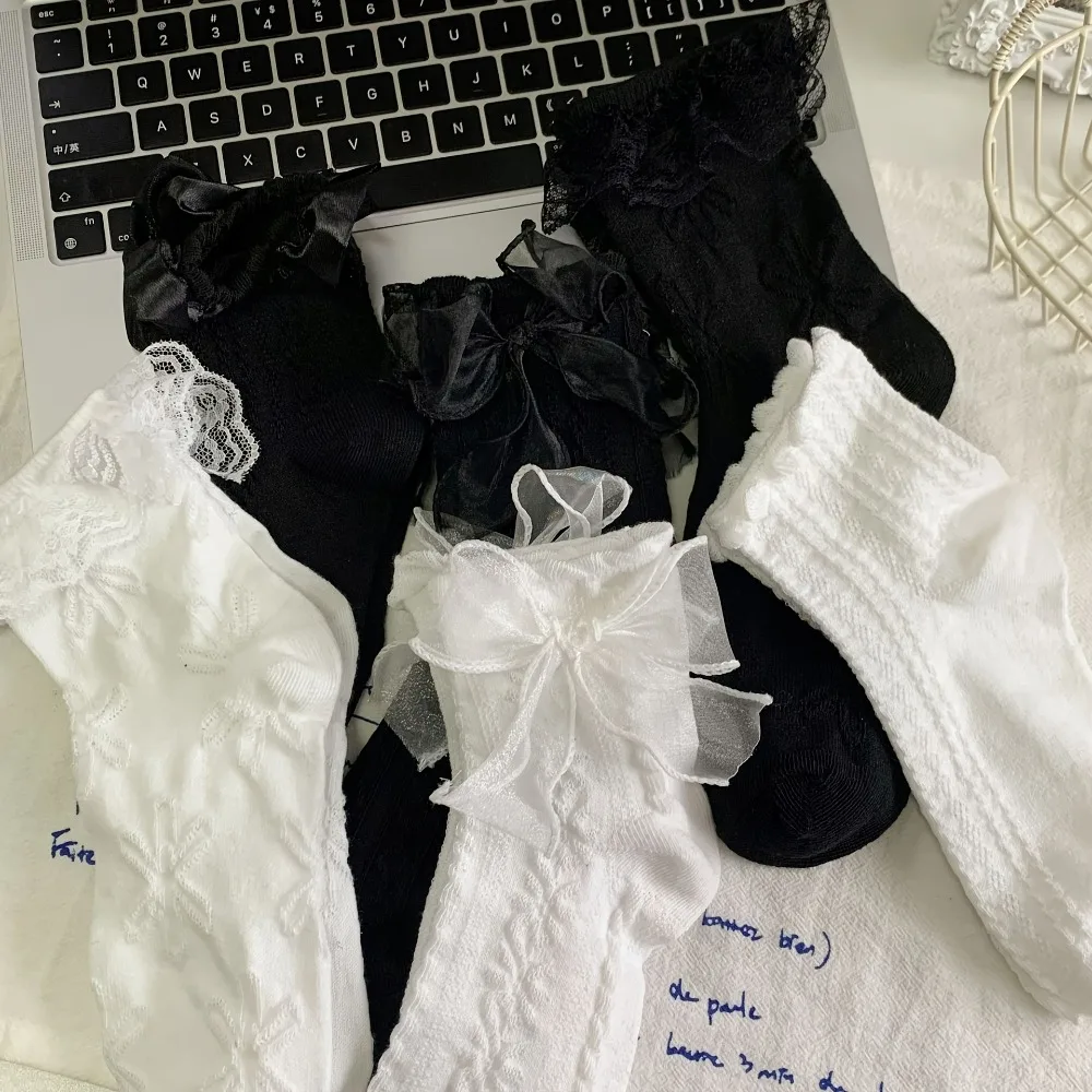 6 Pairs Lace Bow Trimmed Mid Calf Socks Autumn Thin and Sweet Princess Socks