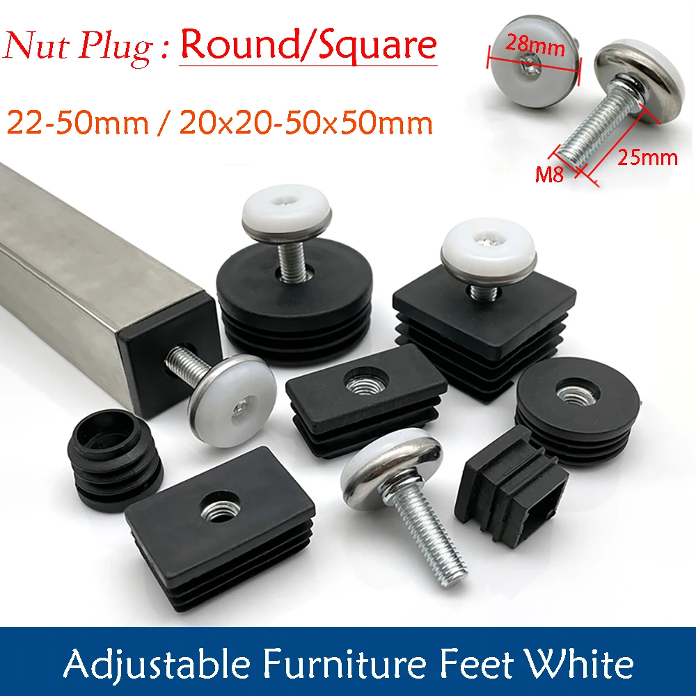 

1-100Pcs M8 Adjustable Furniture Feet And Square/Round Tube Plug With Nuts Black Sofa Chair Table Leveler Legs For Furniture