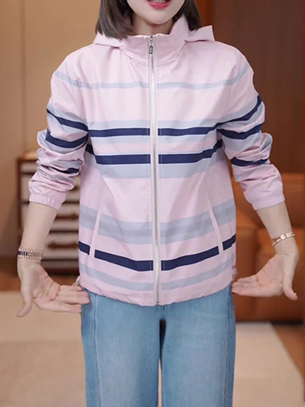 

plus Size Spring Striped Hooded Jaet Women's Casual Loose Versatile Top Fat MM Commute Sle Long Sve Zipper Closure