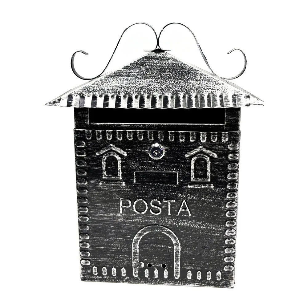 Letter box retro pattern hollow wrought iron mailbox outdoor wall-mounted mailbox ancient silver old rainproof mailbox