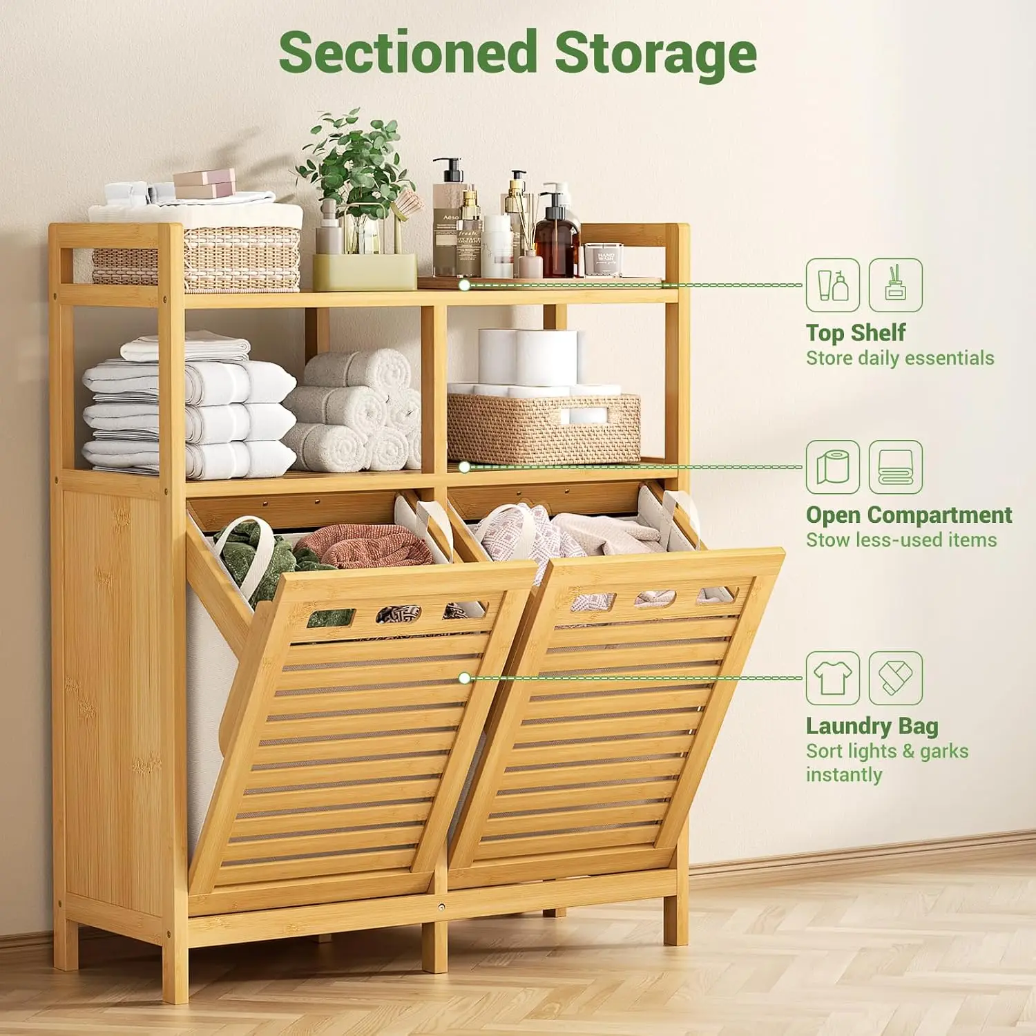 Tilt Out Bamboo Double Laundry Hamper Storage Cabinet with 2 Removable Baskets, 20 Gallon Clothes Sorter Organizer with Top Shelf for Bathroom Laundry Room Natural Wood Tone view 6