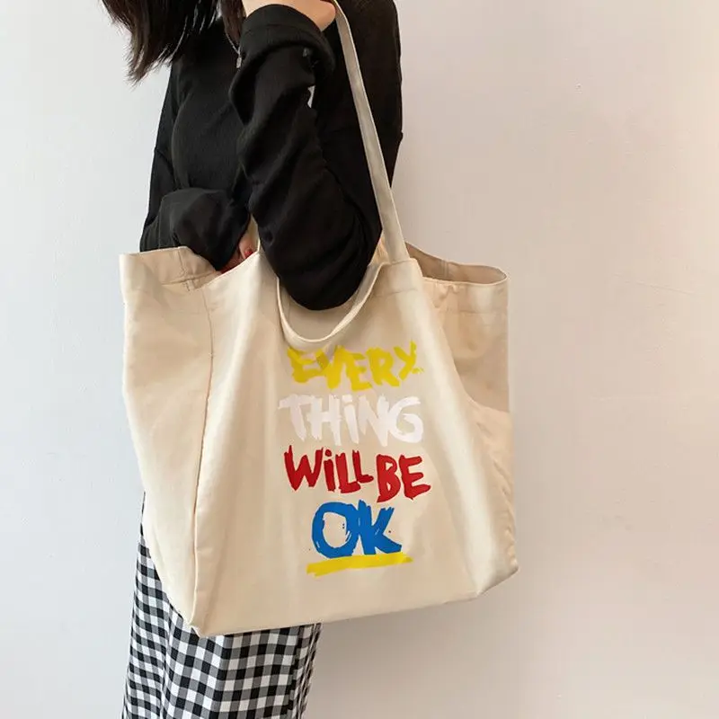 Women Alphabet Canvas Shoulder Bags Female Casual Letter Printed Tote Handbags Large Capacity Cotton Cloth Shopping School Bag