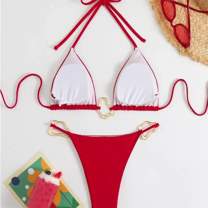 Set bikini sexy con stringhe Bikini brasiliano a vita bassa con scollo all'americana Costume da bagno sfacciato in 2 pezzi per feste in piscina sulla spiaggia da donna