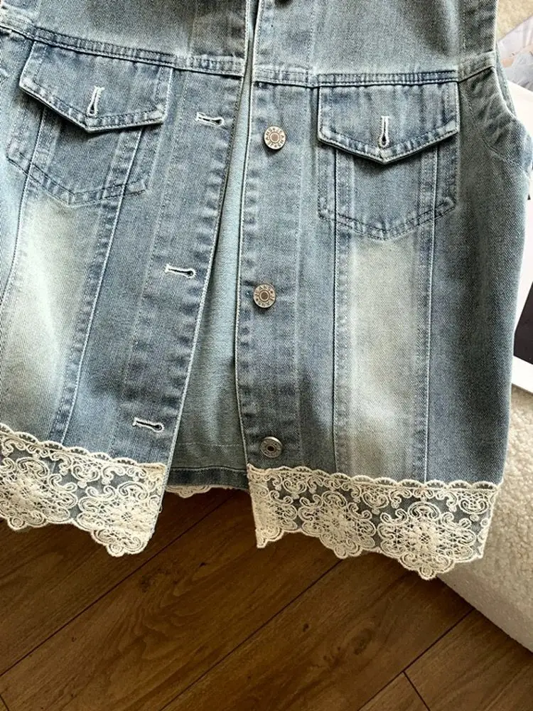 Denim vest jacket women's short vest spring  sequined lace flower sleeveless vest outer wear 2025