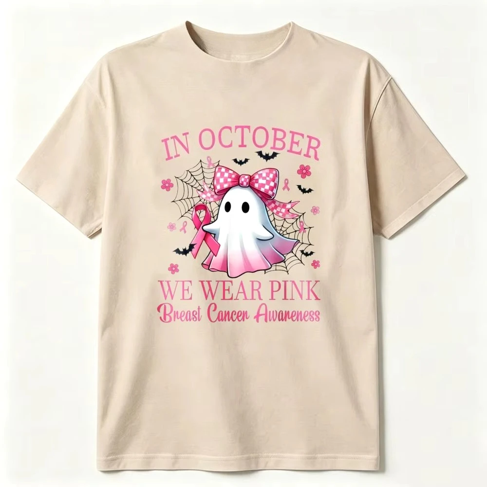 Obergrößes T-Shirt für Damen mit Oktober-Pink-Geist-Motiv, Kurzarm-Oberteil zur Brustkrebsprävention, süßes Halloween-Geist-Awareness-Promotion-T-Shirt, Unisex – Detail 8