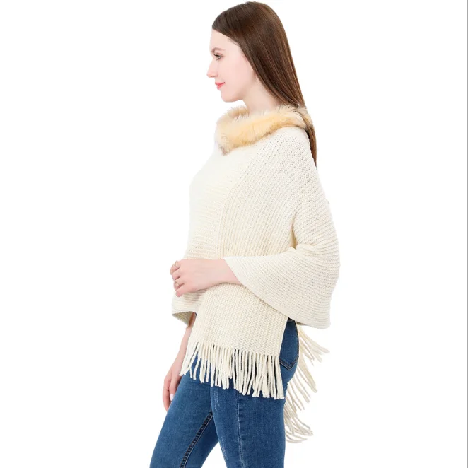 

Autumn Winter Warm Chenille Wool Collar Cloak Women's Large Monochrome Pullover Knitted Shawl Girl Tassel Coat keep Warm White