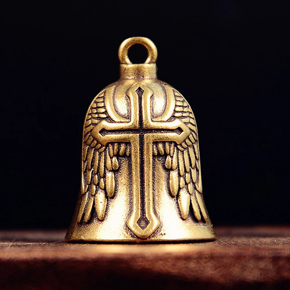 Vintage Brass Bell Cross Feather Relief Lucky Prayer Ornament Home Door Window DIY Hanging Decoration Easter Thanksgiving Gifts