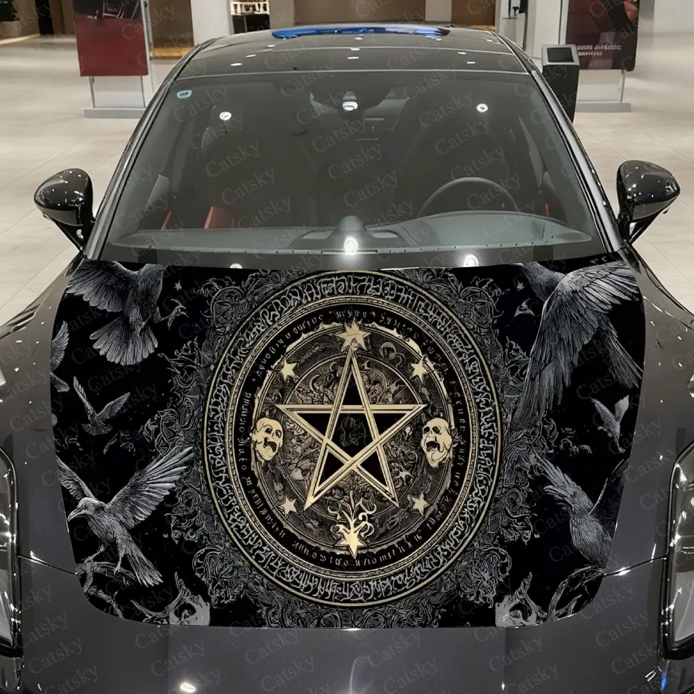 Raven Shadow Between Vintage Circles Car Vinyl Wrap, PVC Waterproof Car Hood Sticker, Self-Adhesive Scratch-Resistant Stickers