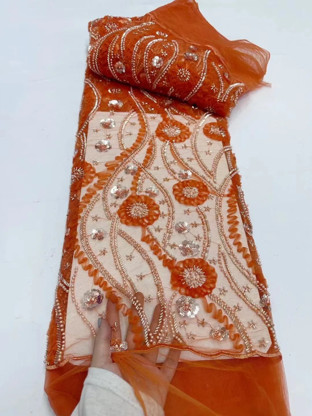 5 Yards Orange African Lace Fabric Beaded Lace 2024 High Quality Lace Nigerian Sequin Fabrics for Wedding Evening Dress Sewing