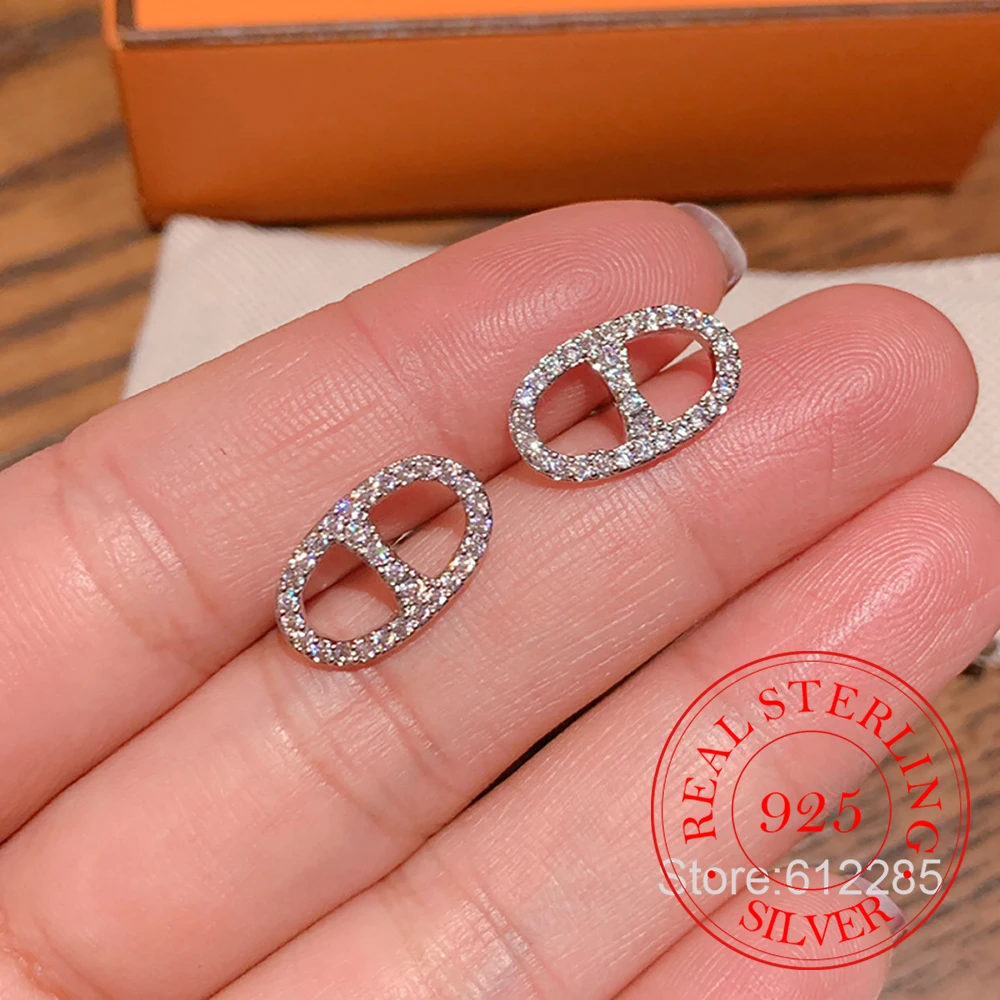 925 Sterling Silver Jewelry Crystal Pig Nose Stud Earrings for Women Girls Party Jewelry For Girls Friend Gift
