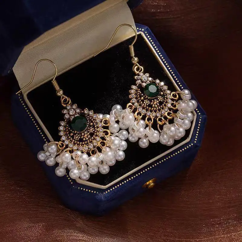 Beaded Tassel Drop Earrings Hook Piercing Imitation Pearl Ethnic Style Earrings Ear Jewelry Rhinestone