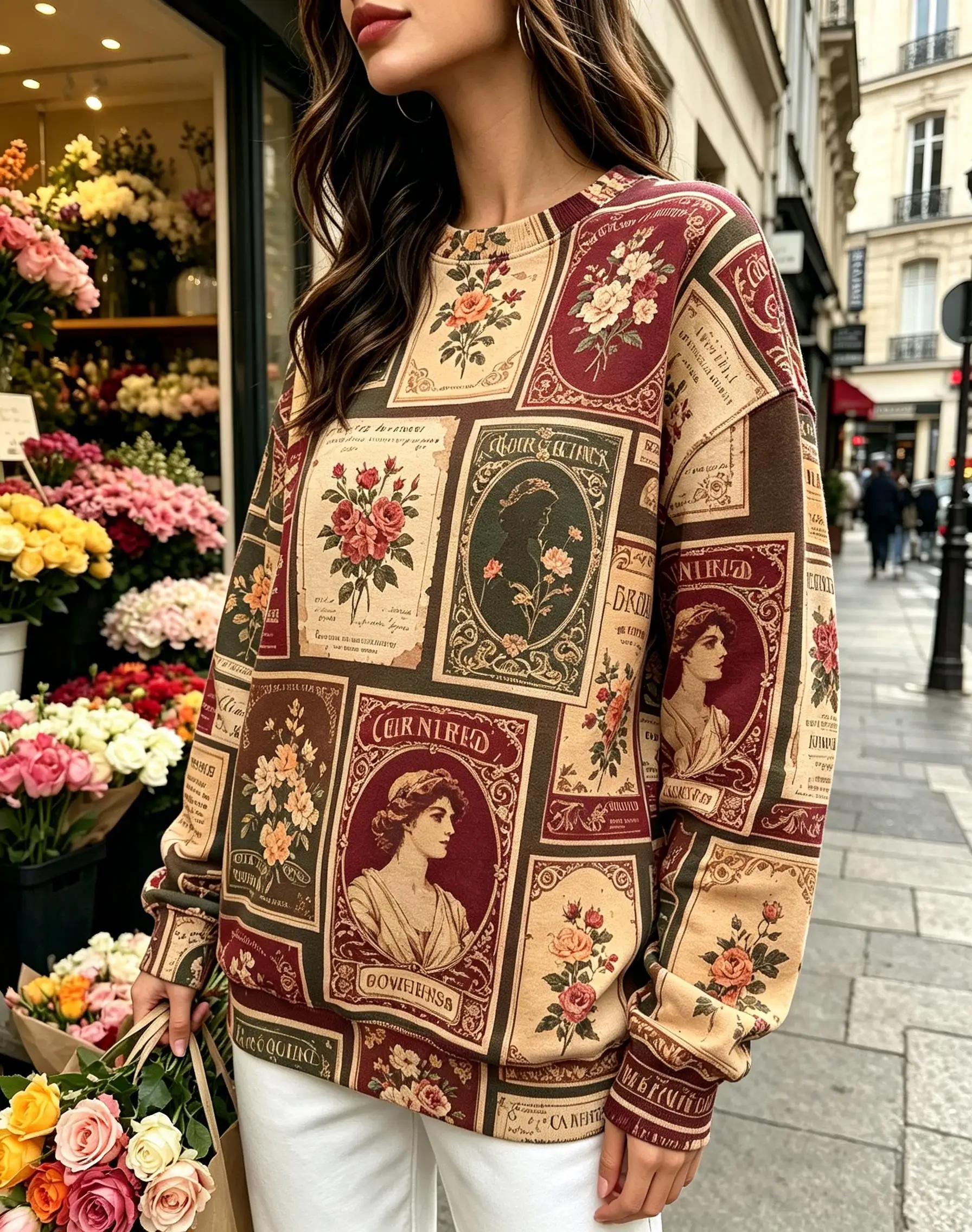 Women Crew Neck Fleece Sweatshirt Vintage Poster Floral Lady Portrait Patchwork Print Long Sleeve Loose No Hood Warm Pullover