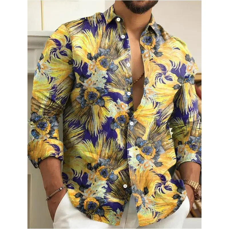 Men's Yellow Purple Feather Art Floral Print Long Sleeve Shirt Turn Down Collar Button Up Fashion Casual Shirts