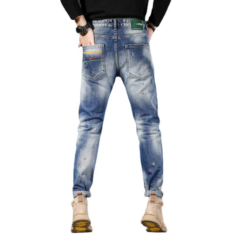 EH·MD® Four Seasons Gradient Jeans Men's Speckled Paint Scratched Micro Chapter Embroidery Red Ear Cotton High Elastic Trend 022