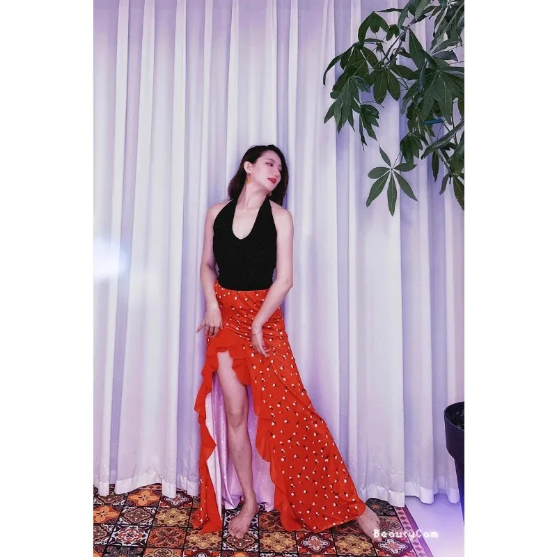 ที่กําหนดเอง Swegal Oriental Belly Dance ชุดแจ๊สดอกไม้สีแดงแยกสะโพกกระโปรงแขวนคอ Tank Top Caderines Danza Arabe
