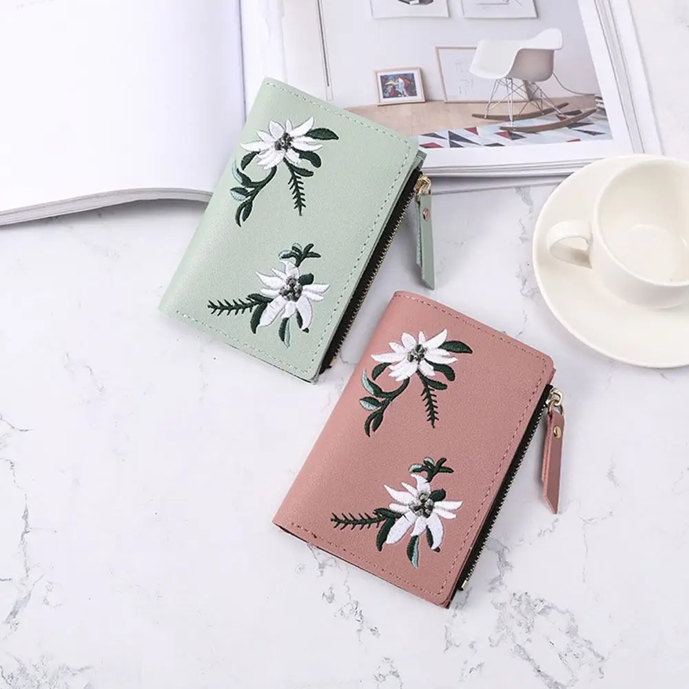 Compact PU Embroidered Wallet Coin Pocket Ample Cash Storage Small Purse Fashion Korean Coin Purse Young Adults