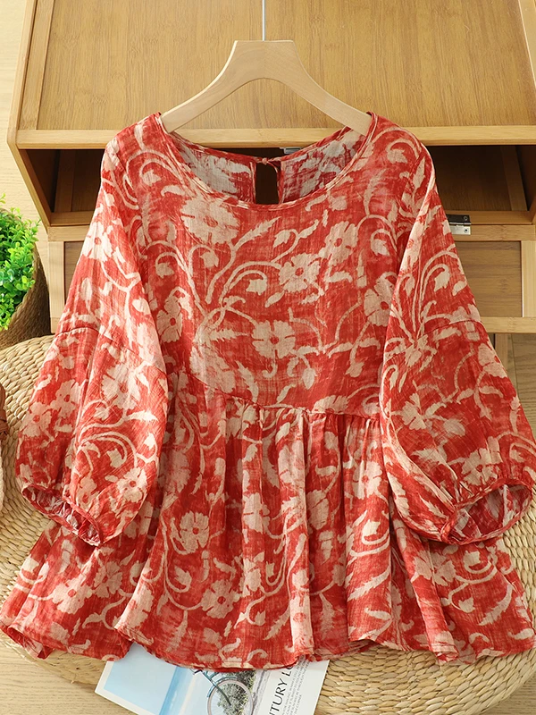 Artistic Large Size Red Cotton Linen Print Lantern Sleeve Women's Summer Loose Belly Covering Slimming Overhead Shirt Top