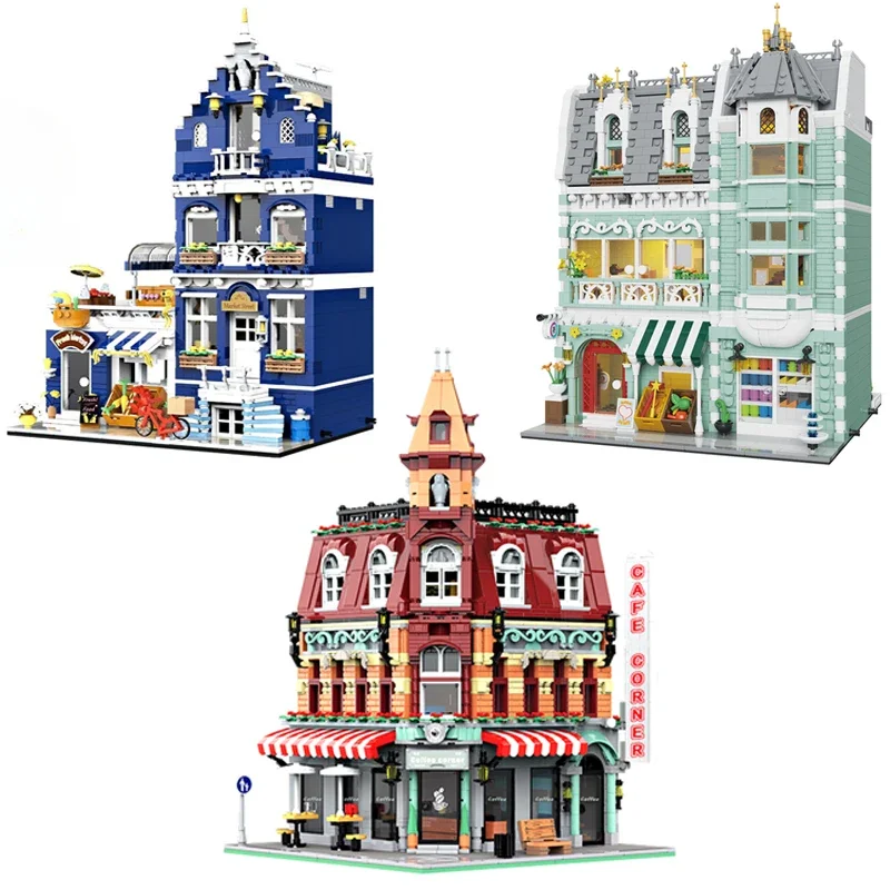 

City Street View Scene Model European Market Street Coffe Villa Store House Building Blocks Assemble MINI Bricks Toy Kid Gifts
