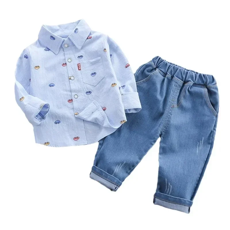 2024 New Spring Autumn Toddler Boys Clothing Set Cartoon Car Lapel Shirt + Pants 2Pcs Suit For Kids Children Casual Outfit