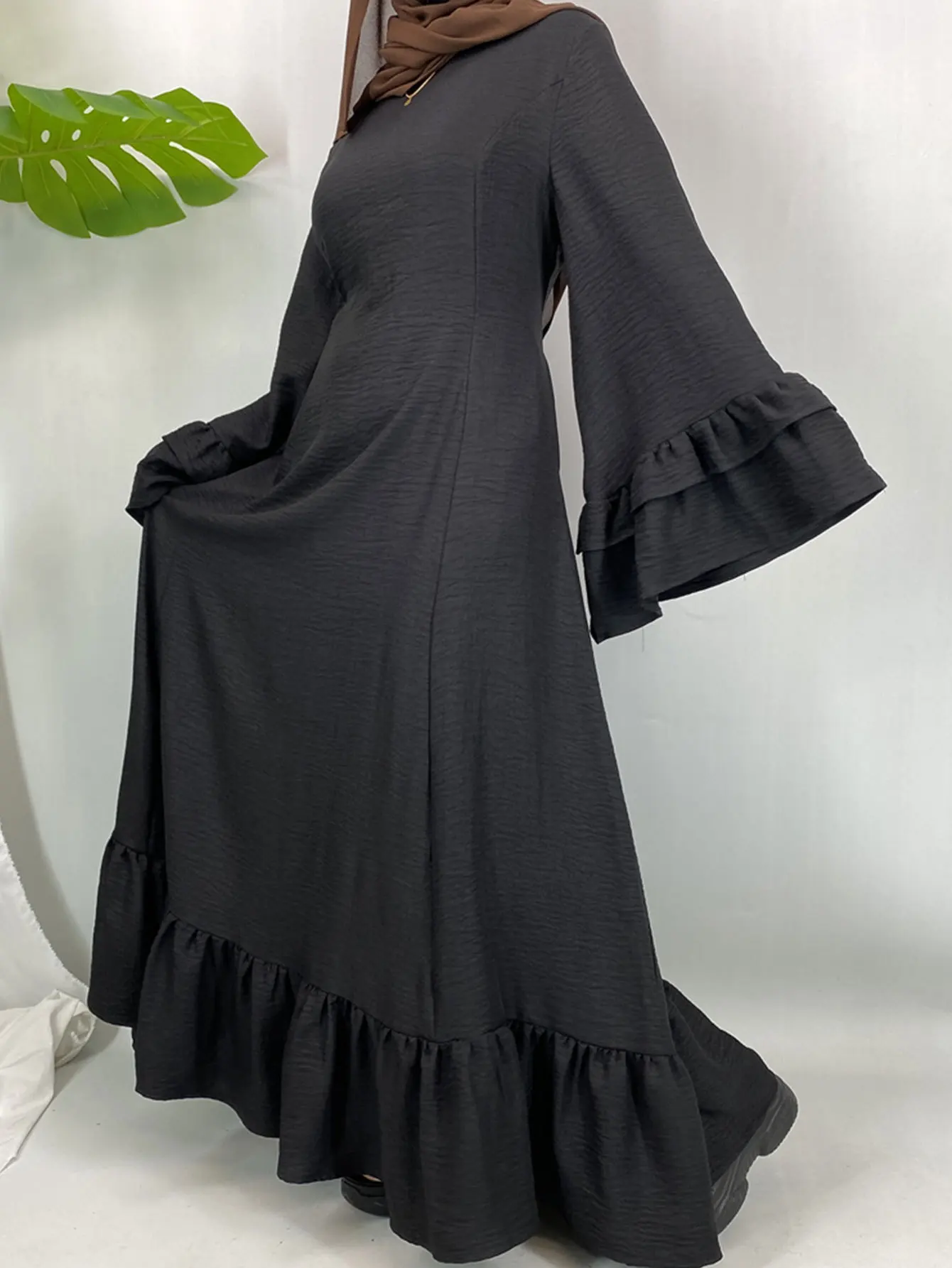 

Рамадан мусульманское платье с расклешенными рукавами женское платье с рюшами Абая Дубай халат кафтан исламская одежда кафтан Femme Musulmane Jalabiya Vestidos