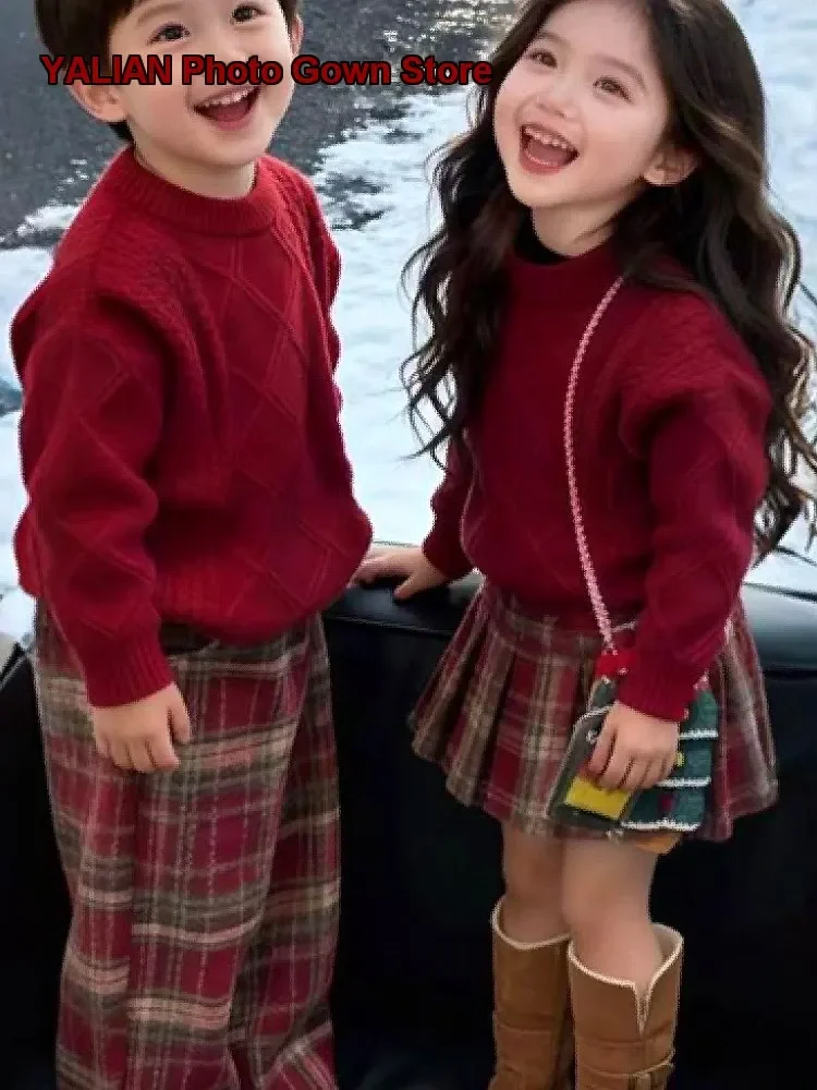 Boys Girls Sibling Matching Outfit Kids Autumn Winter 2026 Cable Knit Plaid Skirt and Pants