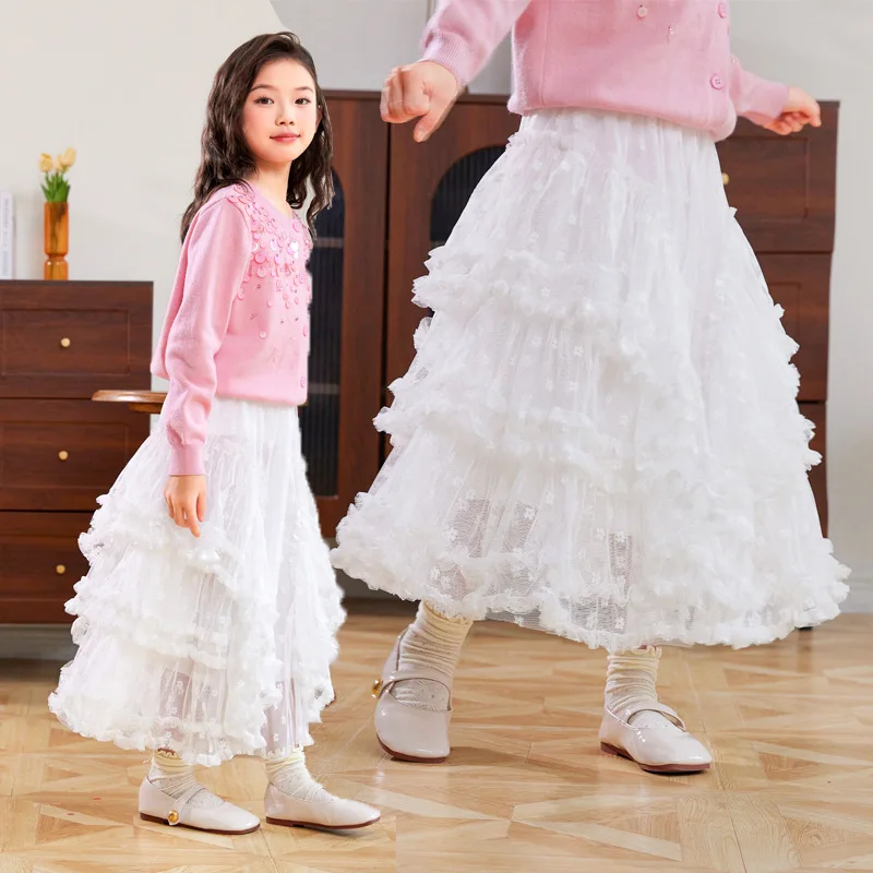 Teenager Girl Skirt Tulle Long Layered Ruffle Tutu Princess Maxi Skirt Elastic Waist Party Wedding Fairy Kids Clothes Plus Size