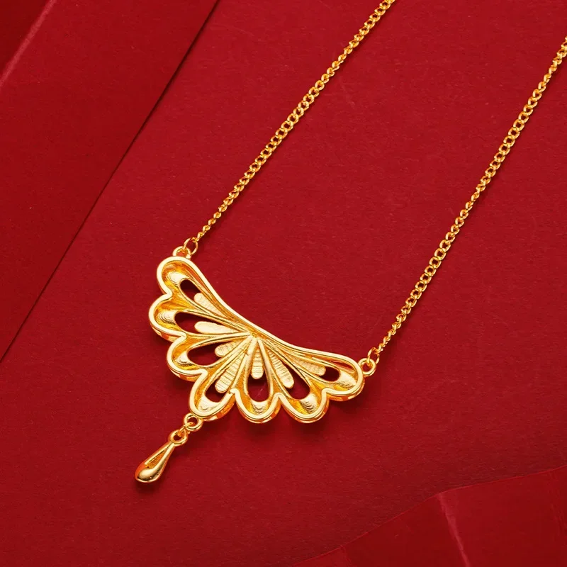 9999 Real Gold 24K Golden Wedding Peacock Phoenix Necklace New Chinese Premium Peacock Tail Water Drop Necklace