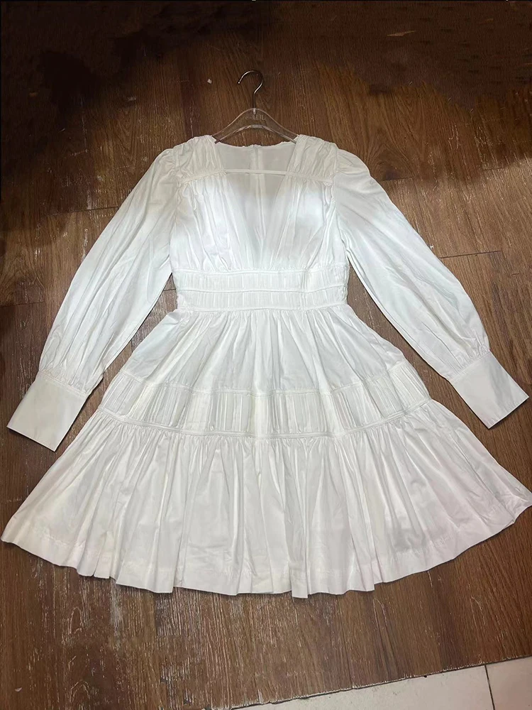 Twotwinstyle sólido retalhos dobras vestido elegante para mulheres com decote em v lanterna manga cintura alta chique mini vestidos roupas femininas novo