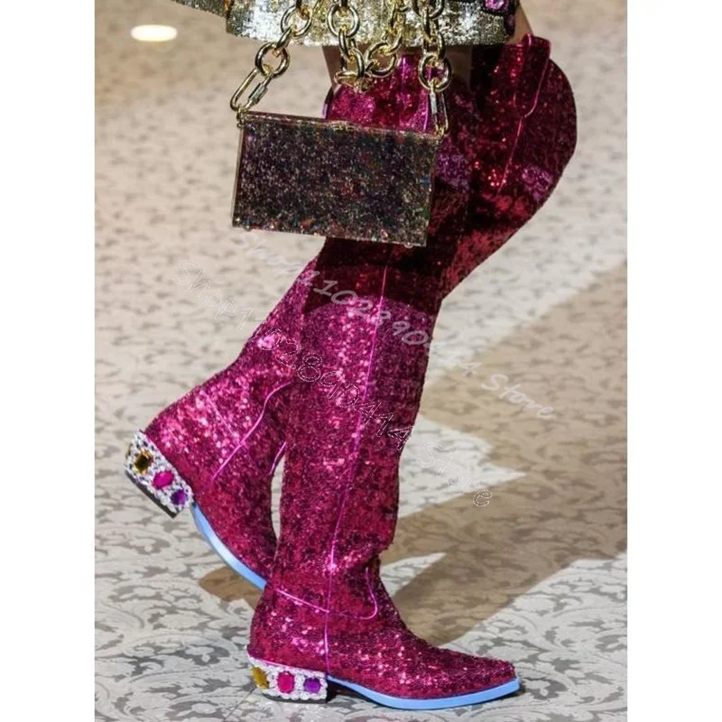 ارتفع الأحمر بريق الترتر كريستال كعب أشار تو الأحذية الانزلاق على أحذية النساء حذاء بكعب سميك مأدبة الحفلات 2024 Zapatos Para Mujere