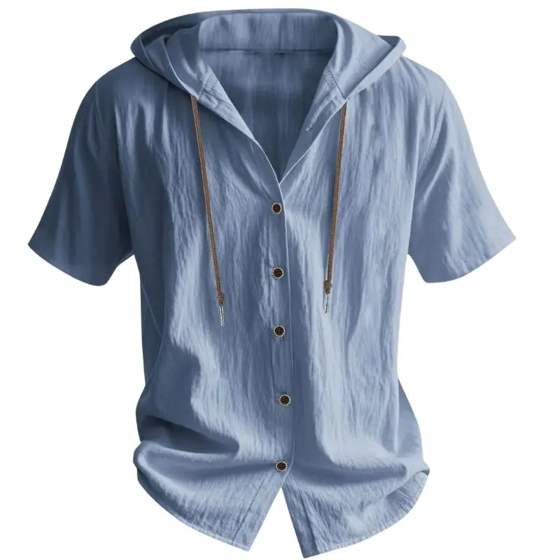 Men Casual Fashion Hooded Short‑Sleeve Shirt, Drawstring Hood Button‑Down Loose Lightweight Shirt for Spring Autumn Daily Outfit