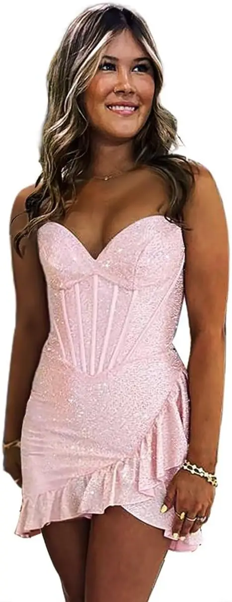 

Sequin Homecoming Dresses 2026 Strapless Corset Ruffle Mermaid Short Prom Dress Evening Dresses Cocktail Dress Graduation Dress