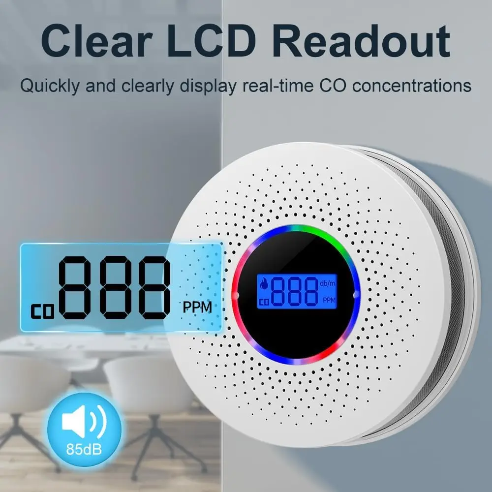 Detector de fumaça e monóxido de carbono, Detectores com display LCD, Aviso de som para casa, Garagem