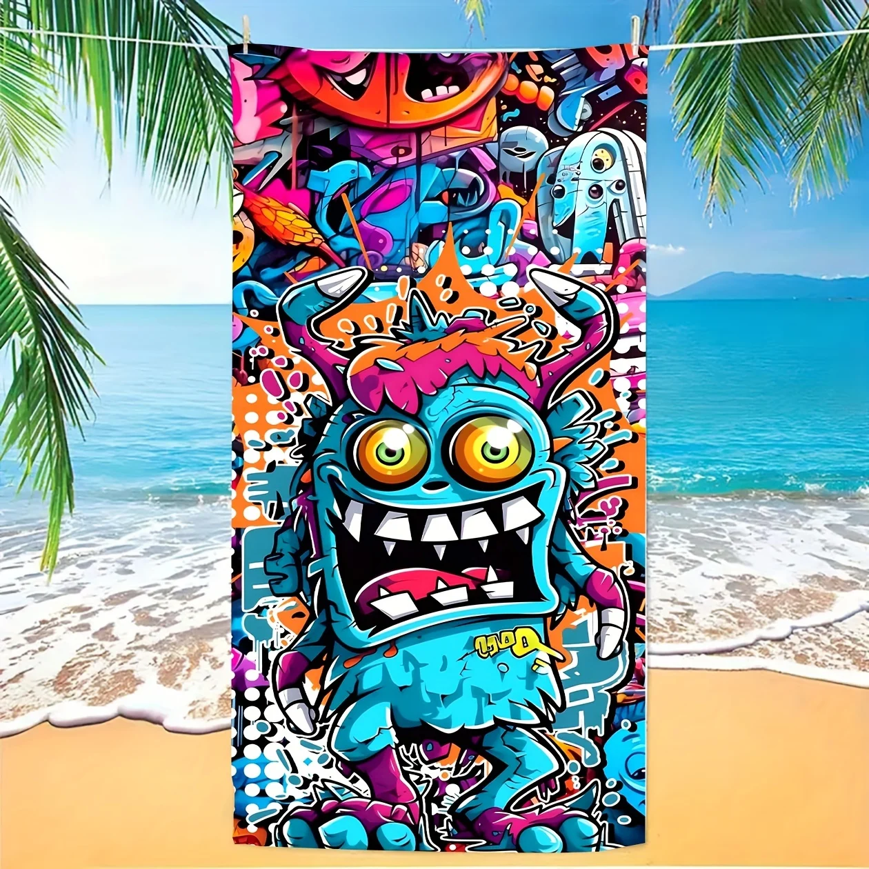 Vibrant Graffiti Monster Beach Towel, Urban Street Art Quick-Dry Sand-Free Microfiber Bath Towel for Summer Pool and Streetwear