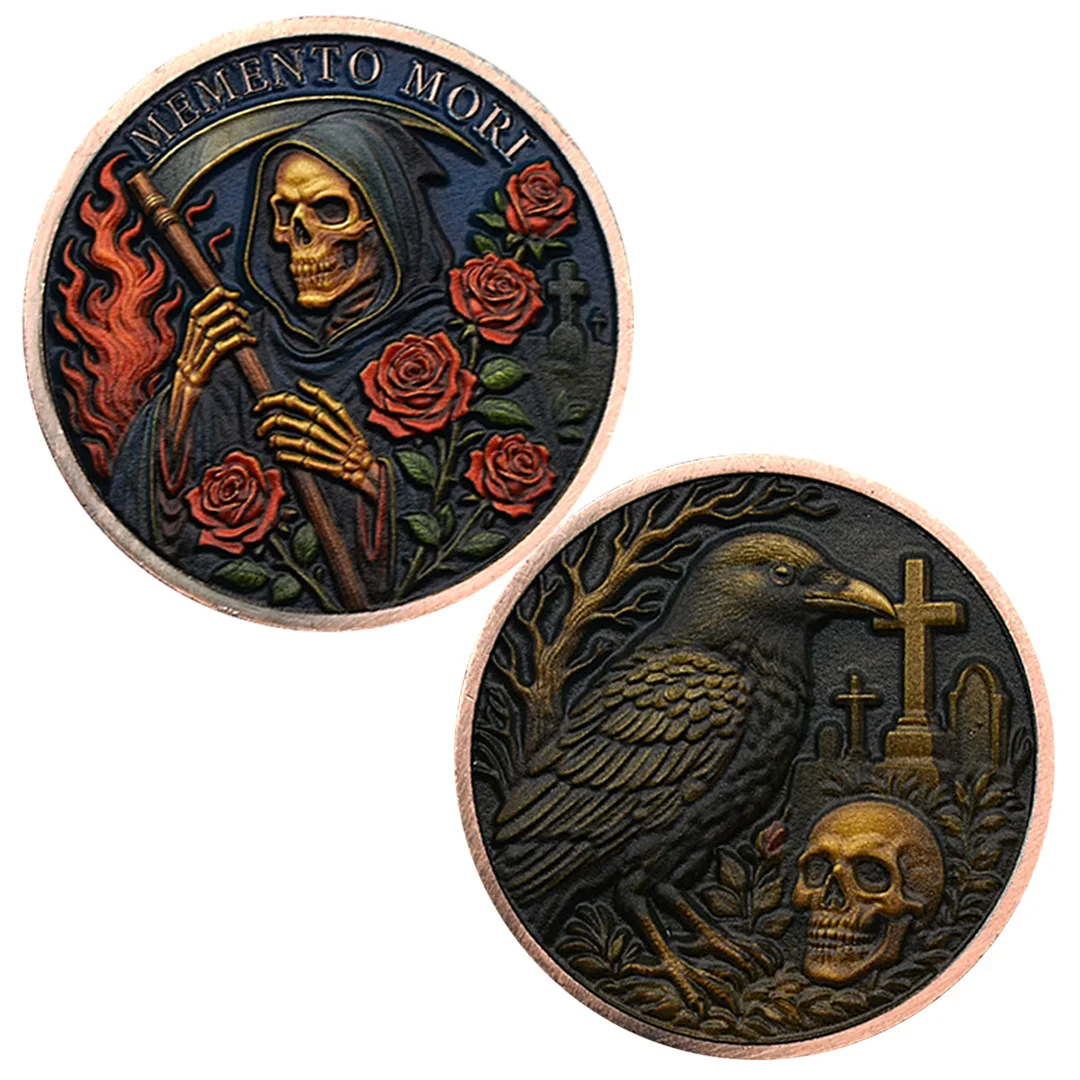 تذكار موري جمجمة روز تذكارية مطلية بالذهب الذهب الغراب الصليب تحصيل عملة ديكور المنزل