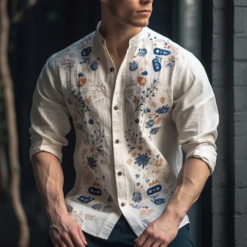 

Tiger Flower Pattern Long Sve irt for Men Spring Autumn Loose Fit Printed Polyester Blend Youth Faion Casual irt