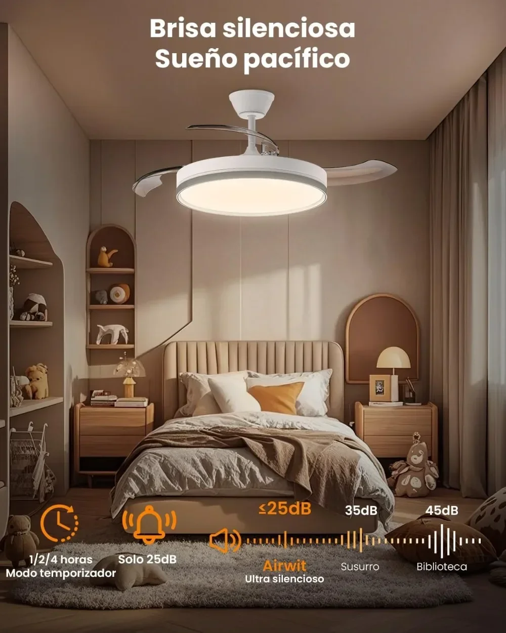 106 سنتيمتر Ventilador de Techo con Luz Aspas Retráctiles ، 69 واط لامبارا Ventilador Techo Silencioso con Mando y DC Motor para Dormitori