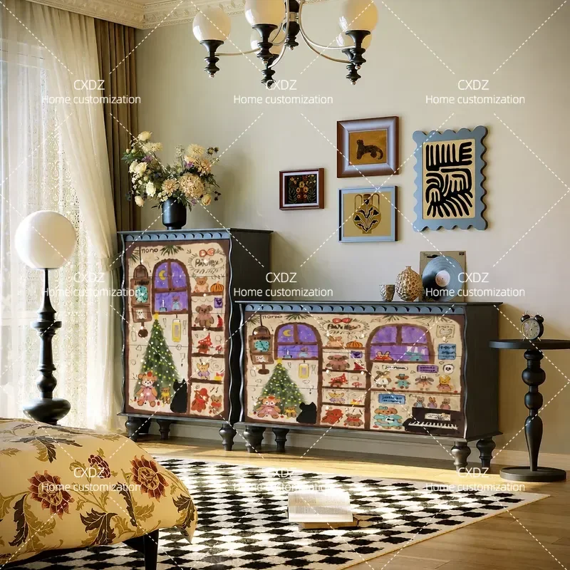 French Cute Animal Solid Wood Chest Bedside Storage Cabinet Living Room Sofa Side Decorative Storage Combination Unit