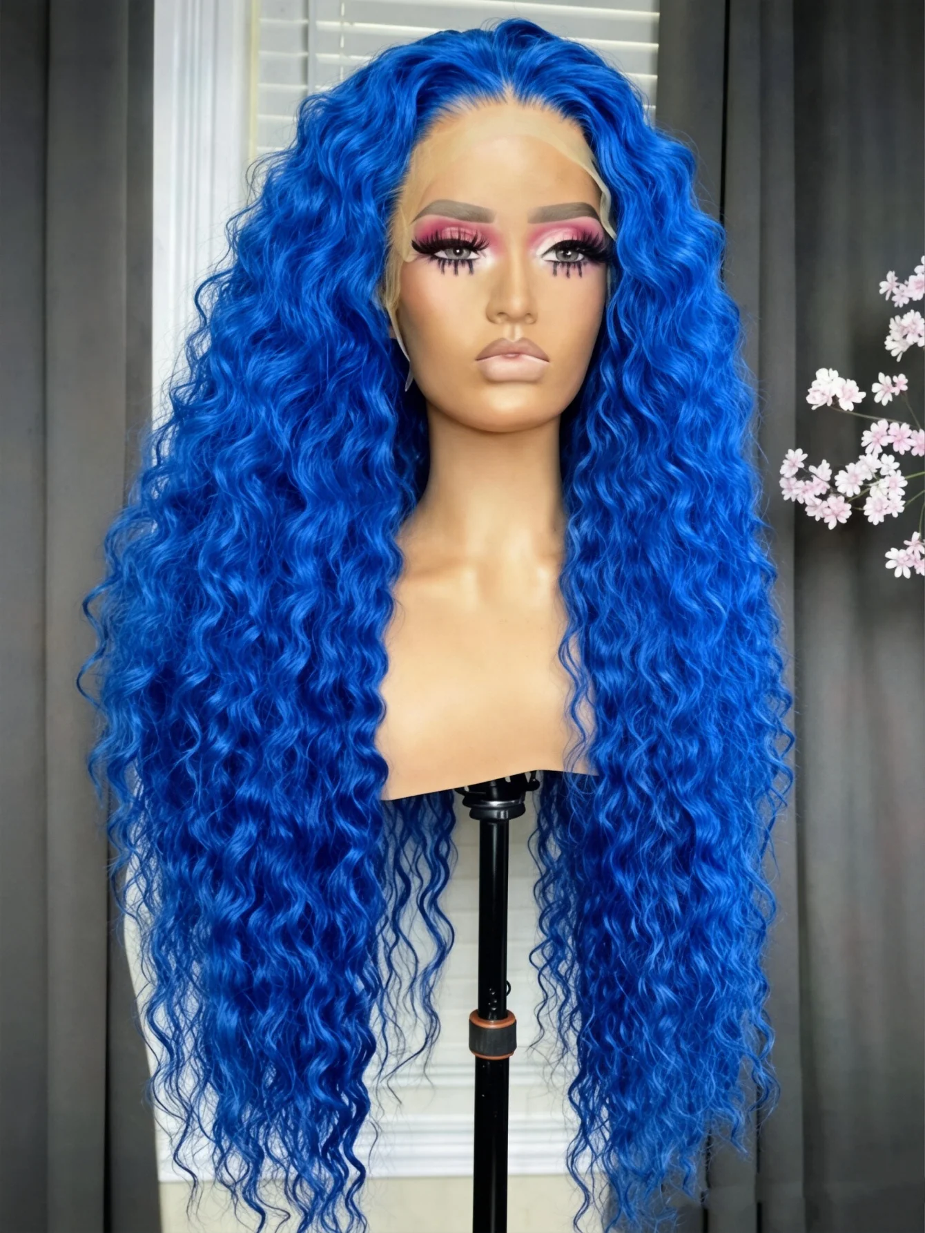 

180% Density Blue Lace Front Wigs Human Hair Deep Wave 13x4 HD Transparent Deep Curly Lace Frontal Wigs Human Hair Glueless Dark Blue Colored Pre Plucked With Baby Hair For Women For Daily Party Use 30 Inch
