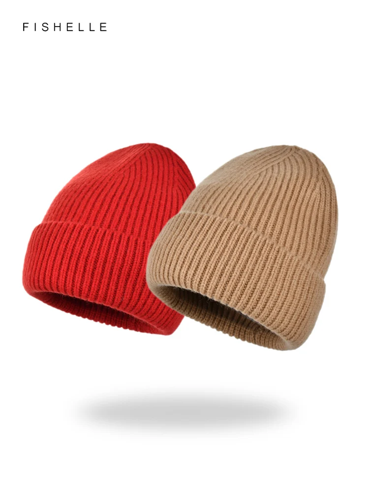 Solid Red Pure Wool Hat Women\'s Winter Knitted Wool Cap Men\'s Versatile Cold Hat Thickened Warm Beanie Christmas New Year Gifts