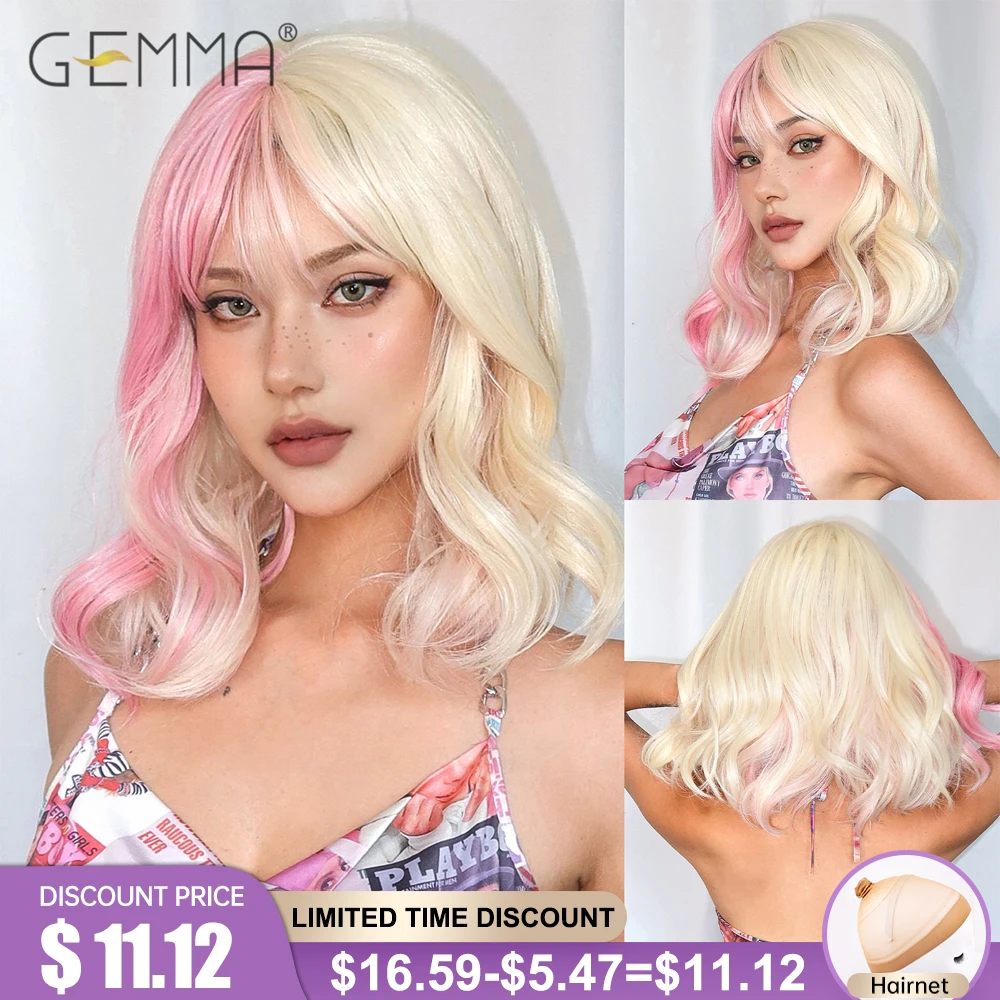 

Pink Blonde Short Wavy Synthetic Wig with Bangs Multicolor Cosplay Party Use Wigs for Women Halloween Fake Hair Heat Resistant