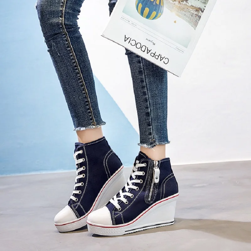 Spring and autumn new side zipper waterproof platform high-top canvas shoes casual large-size wedge high-heeled women's shoes view 4