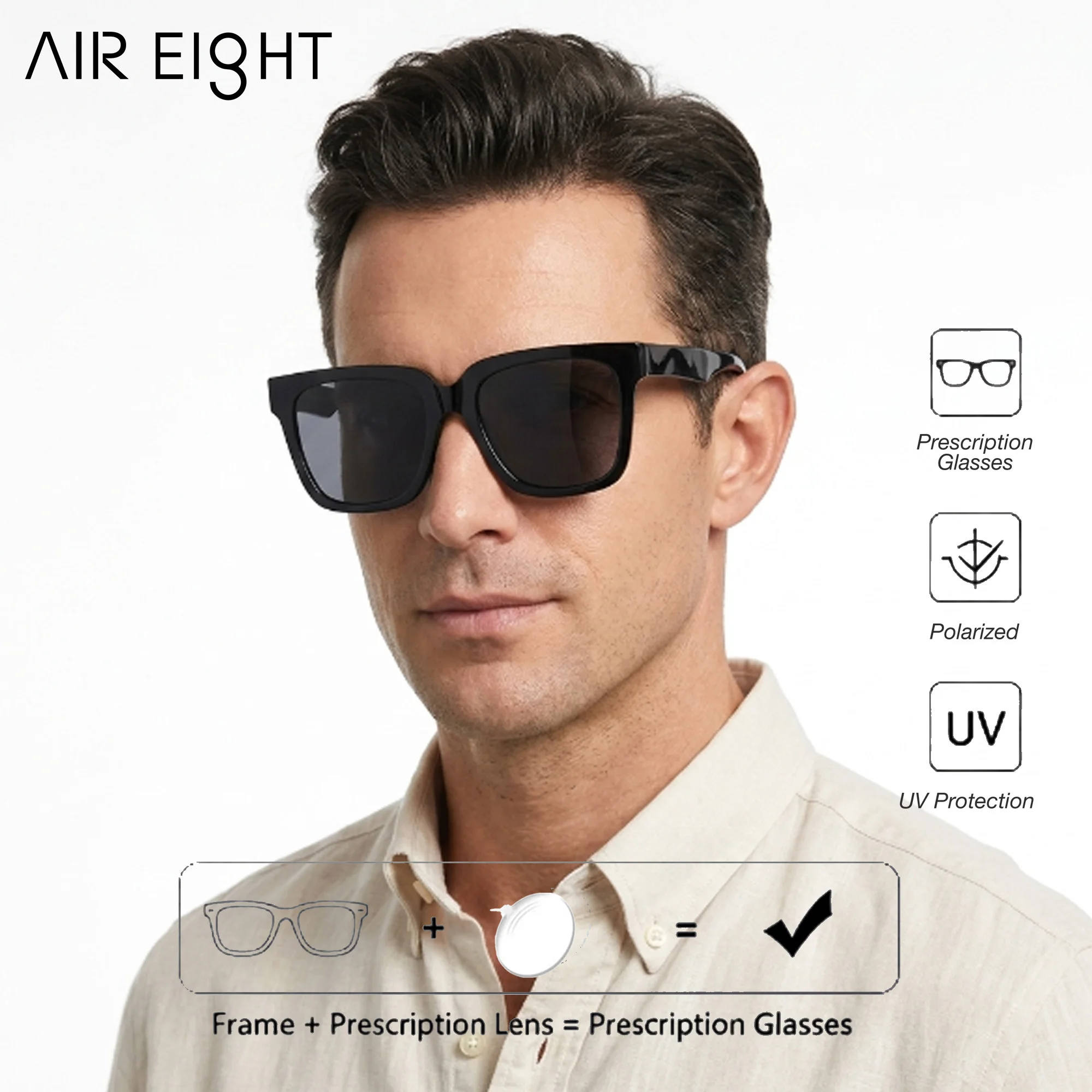 AIR EIGHT M Size Square Handmade Acetate For Men Prescription Sun Glasses Polarized UV400 TAC Lenses Outdoor Eyewear