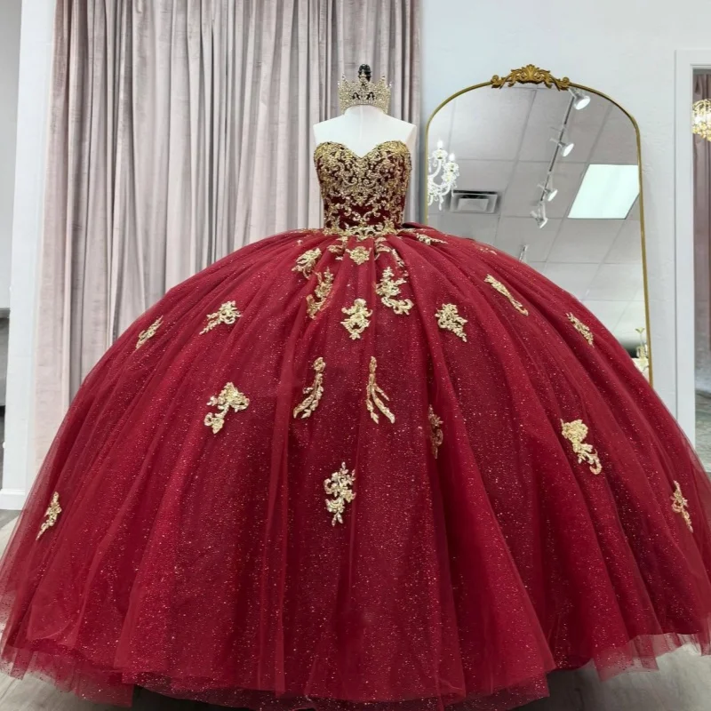 

Red Shiny Quinceanera Dresses Off The Shoulder Gold Applique Lace Beading Bow Corset Tull Party Birthday Sweet 16 Dress Vestidos