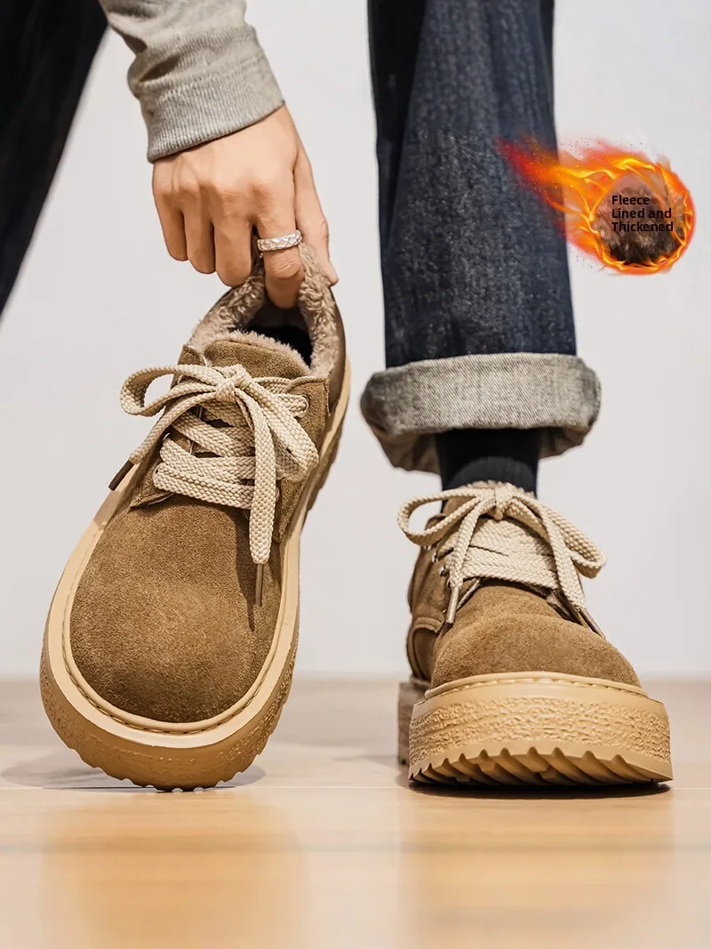 Men's Winter Fleece Lined Casual Work Shoes Fashionable All Terrain Flat Oxfords Comfortable Breathable Leather Upgraded