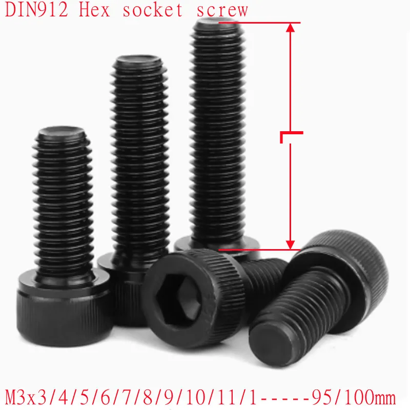 10pcs-50pcs DIN912 M3*3/4/5/6/7/8/9/10/11/12/13/14/16/18/20 to 100mm Grade 12.9 black hexagon Hex Socket allen Head Cap Screw